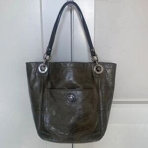 Coach Women’s Patent Leather Gray Stitched Monogram Top Zip Shoulder Handbag